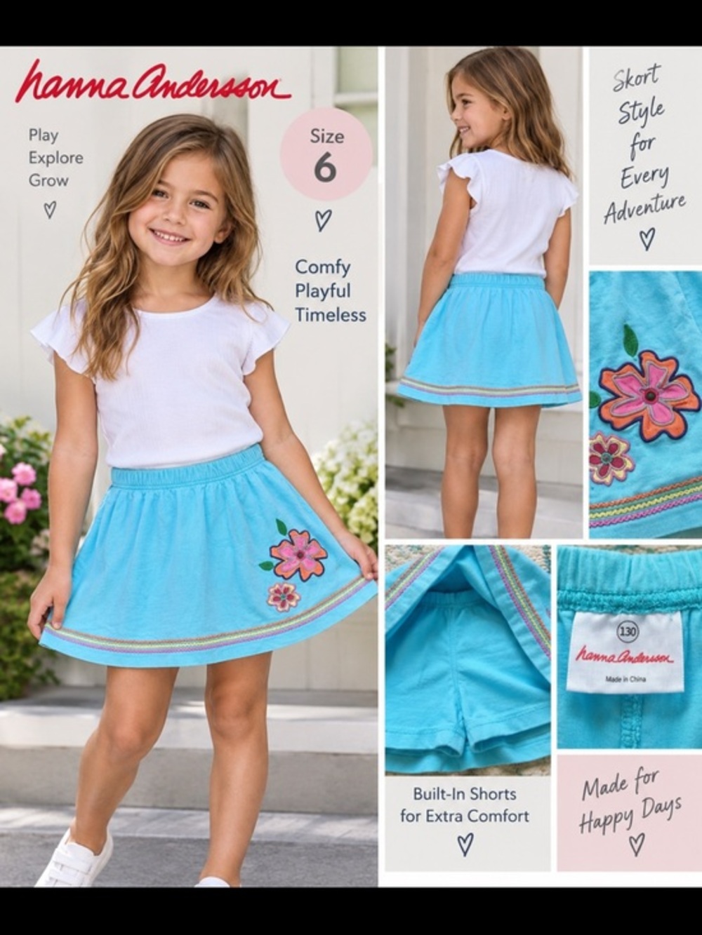 Hanna Andersson Girls Skort Size 130 Blue Floral Embroidered Twirl Skirt Shorts
